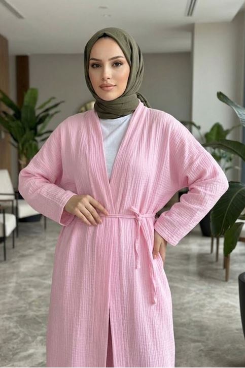 Kadın Pembe Belden bağlamalı Yazlık Şık Trend Uzun Kimono Hırka Pantolonlu Tesettür Takım