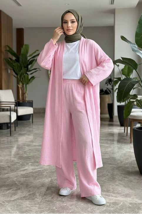 Kadın Pembe Belden bağlamalı Yazlık Şık Trend Uzun Kimono Hırka Pantolonlu Tesettür Takım