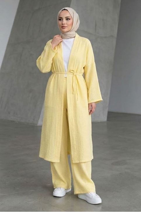 Kadın Sarı Belden bağlamalı Yazlık Şık Trend Uzun Kimono Hırka Pantolonlu Tesettür Takım