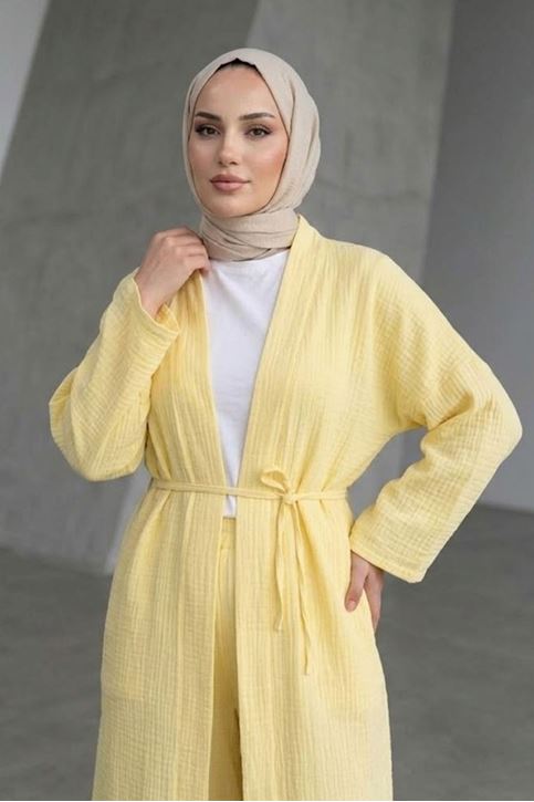 Kadın Sarı Belden bağlamalı Yazlık Şık Trend Uzun Kimono Hırka Pantolonlu Tesettür Takım