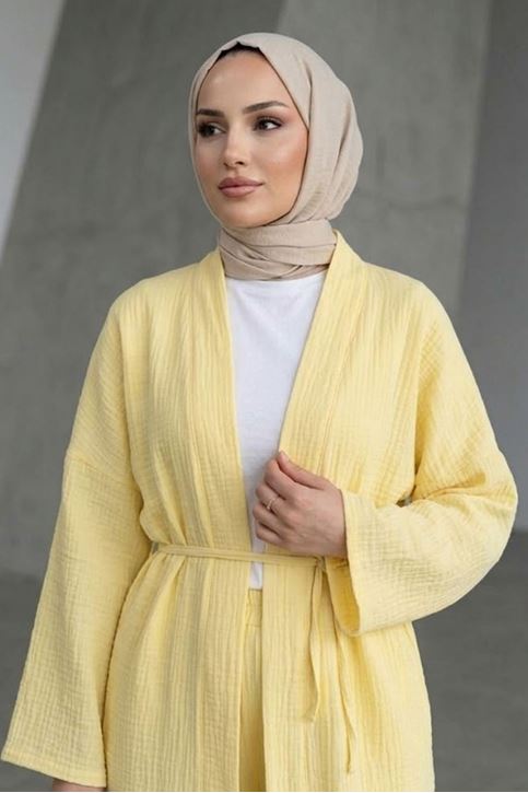 Kadın Sarı Belden bağlamalı Yazlık Şık Trend Uzun Kimono Hırka Pantolonlu Tesettür Takım