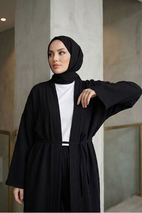 Kadın Siyah Belden bağlamalı Yazlık Şık Trend Uzun Kimono Hırka Pantolonlu Tesettür Takım