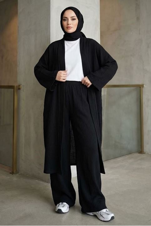 Kadın Siyah Belden bağlamalı Yazlık Şık Trend Uzun Kimono Hırka Pantolonlu Tesettür Takım