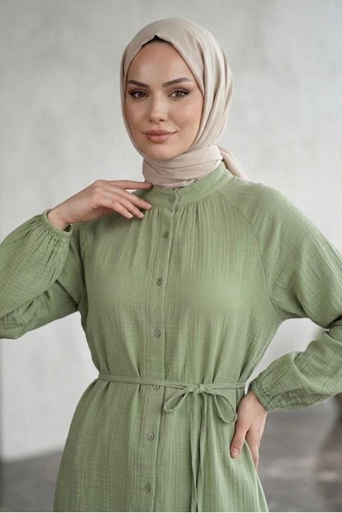 Kadın Hakim Yaka Full Düğmeli Kolu Lastikli Müslin Kumaş Yazlık Rahat Kalıp Mint Tesettür Uzun Tunik 