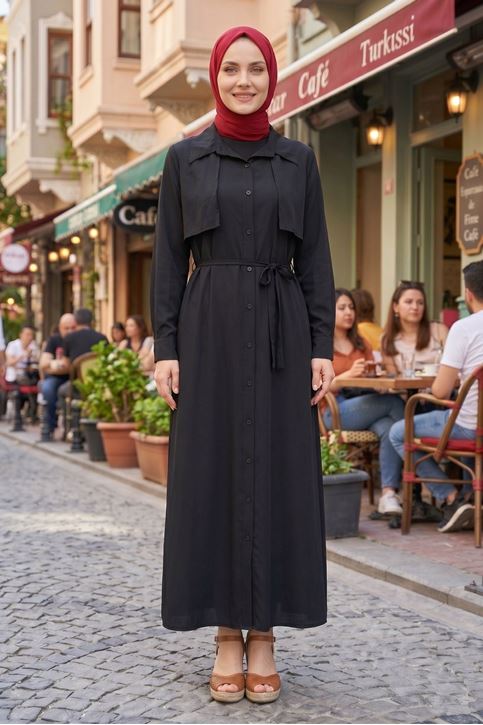 Kadın Gömlek Yaka Düğmeli Önü Aller Detaylı Kol Manşetli Yazlık Siyah Tesettür Uzun Elbise