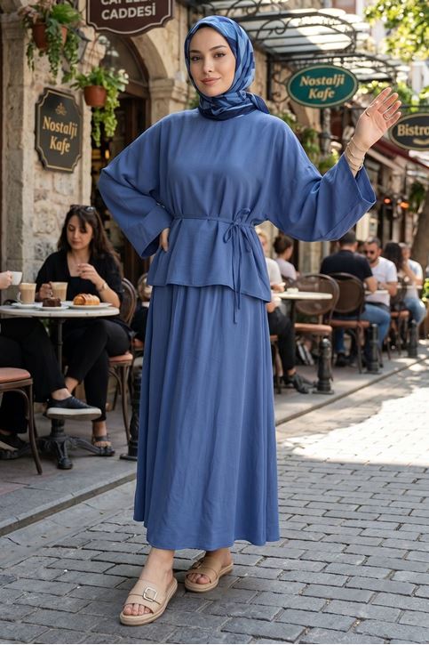 Kadın İndigo Geniş Kollu Bağlamalı Bluz Tunik Etekli Tesettür Takım