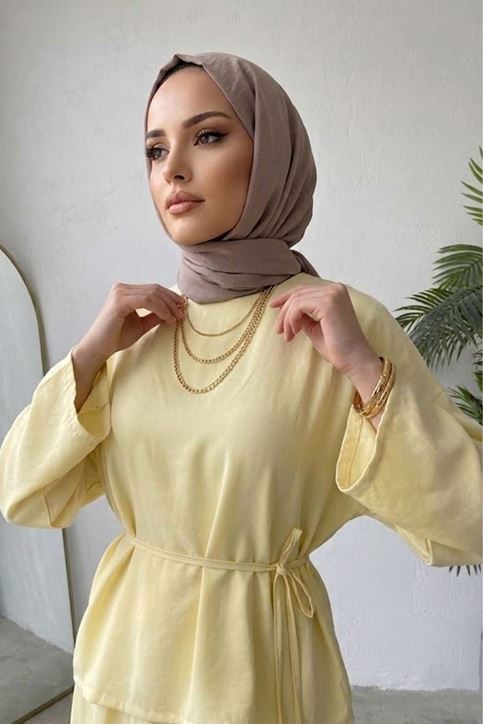 Kadın Sarı Geniş Kollu Bağlamalı Bluz Tunik Etekli Tesettür Takım