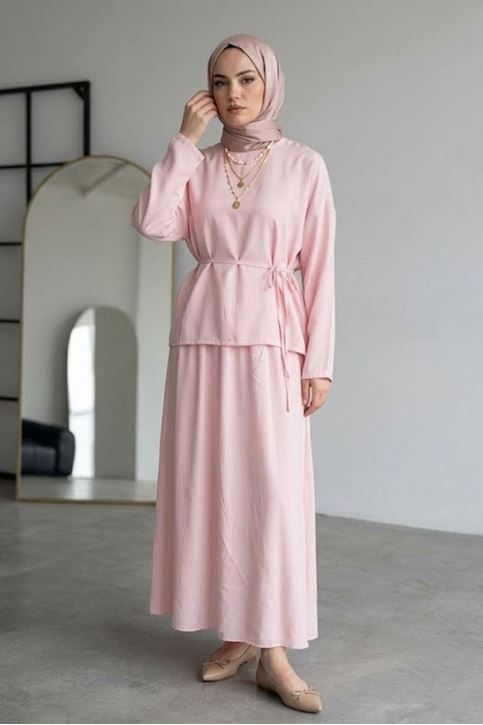 Kadın Pembe Geniş Kollu Bağlamalı Bluz Tunik Etekli Tesettür Takım