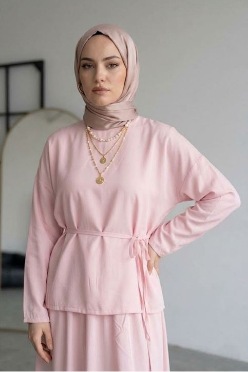 Kadın Pembe Geniş Kollu Bağlamalı Bluz Tunik Etekli Tesettür Takım