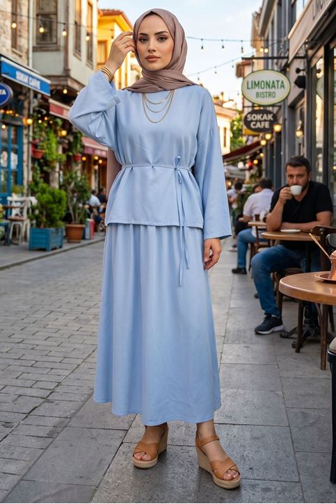Kadın Mavi Geniş Kollu Bağlamalı Bluz Tunik Etekli Tesettür Takım