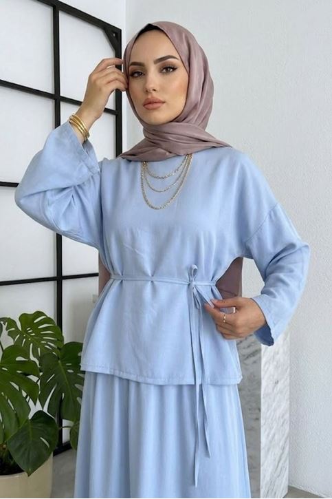 Kadın Mavi Geniş Kollu Bağlamalı Bluz Tunik Etekli Tesettür Takım