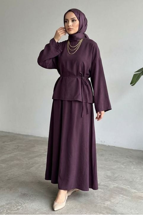 Kadın Bordo Geniş Kollu Bağlamalı Bluz Tunik Etekli Tesettür Takım