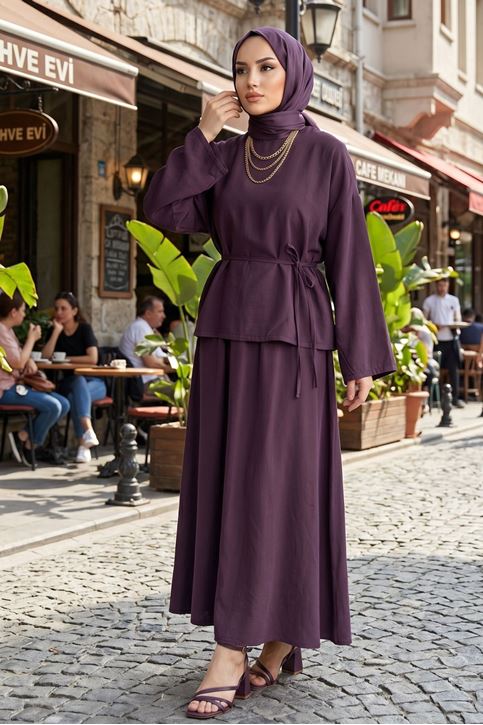 Kadın Bordo Geniş Kollu Bağlamalı Bluz Tunik Etekli Tesettür Takım