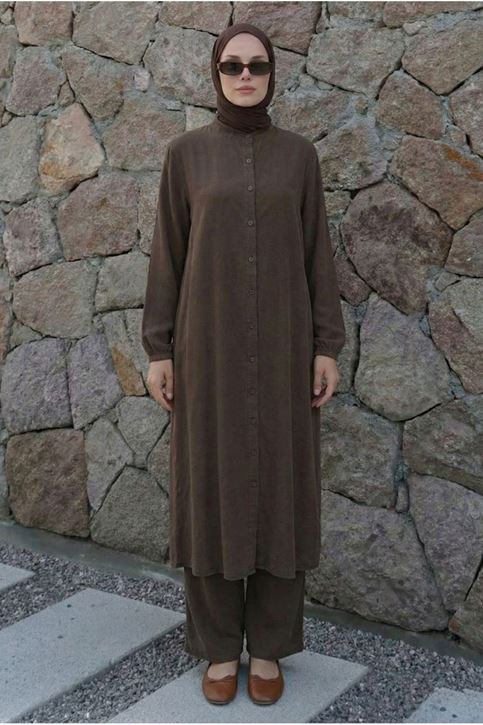 Kadın Hakim Yaka Düğmeli Kolu Lastikli 120 CM Uzun Tunik Pantolon Rahat Kalıp İkili Tesettür Takım