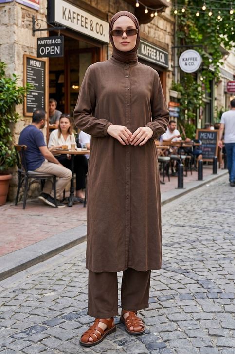Kadın Hakim Yaka Düğmeli Kolu Lastikli 120 CM Uzun Tunik Pantolon Rahat Kalıp İkili Tesettür Takım