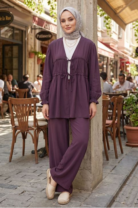 Kadın Bordo Önü Büzgülü Bağlamalı Tunik Pantolonlu Tesettür Kombin Takım