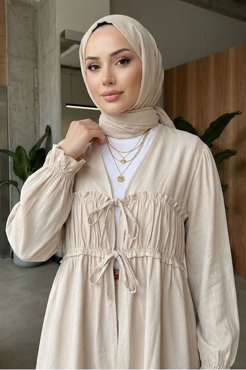 Kadın Taş Önü Büzgülü Bağlamalı Tunik Pantolonlu Tesettür Kombin Takım
