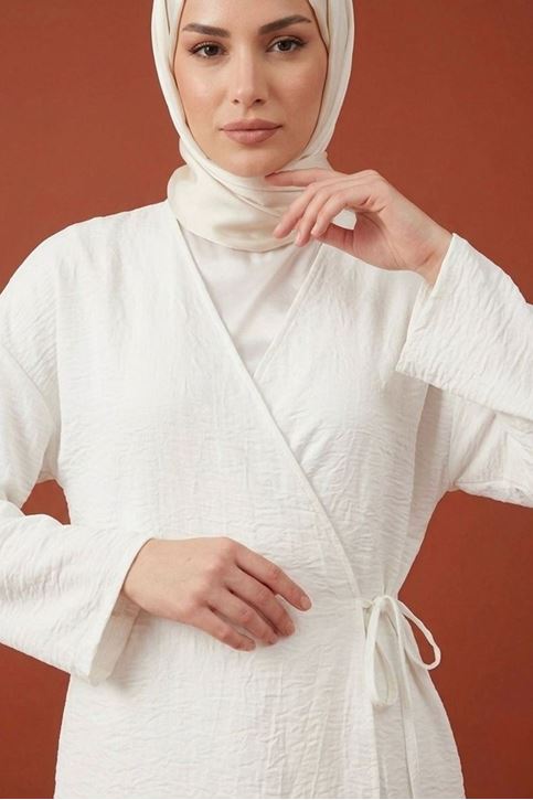 Kadın Ekru Yandan Bağlamalı Çilek Kumaş Kimono Tunik Pantolon Takım Kombin
