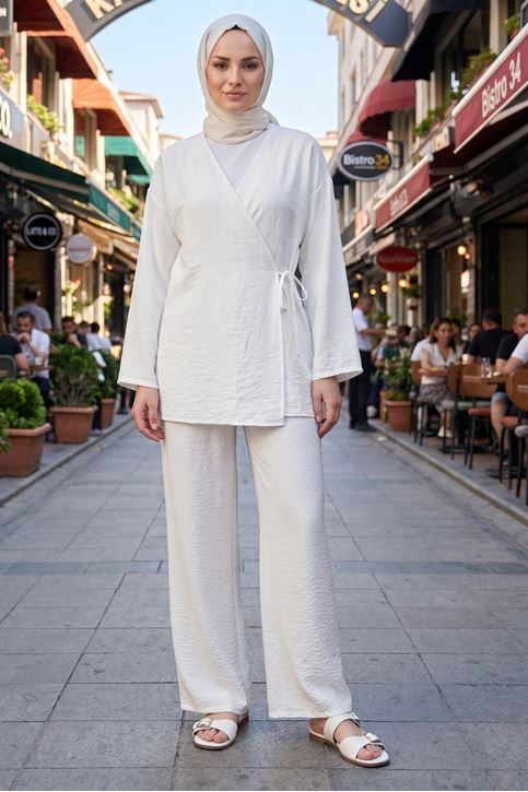Kadın Ekru Yandan Bağlamalı Çilek Kumaş Kimono Tunik Pantolon Takım Kombin