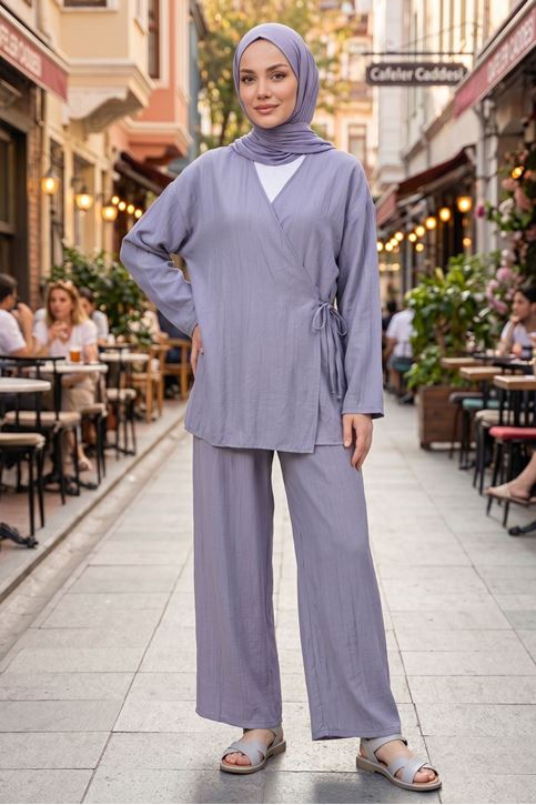 Kadın Gri Yandan Bağlamalı Çilek Kumaş Kimono Tunik Pantolon Takım Kombin