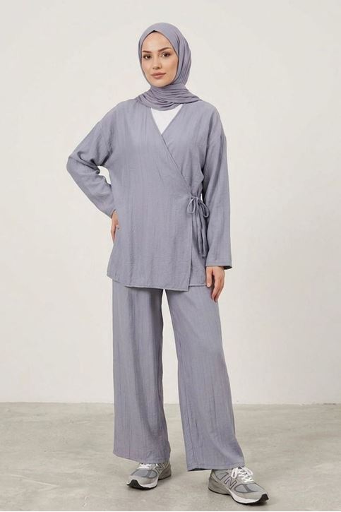 Kadın Gri Yandan Bağlamalı Çilek Kumaş Kimono Tunik Pantolon Takım Kombin