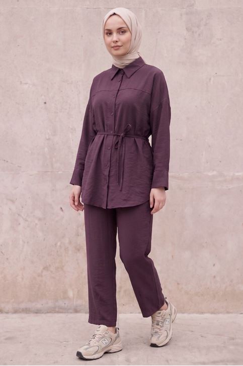 Kadın Bordo Gömlek Tunik Bağcıklı Pantolon Paça Pensli Trend Şık Yazlık Tesettür Takım