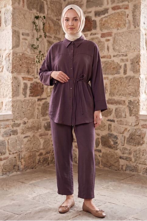 Kadın Bordo Gömlek Tunik Bağcıklı Pantolon Paça Pensli Trend Şık Yazlık Tesettür Takım