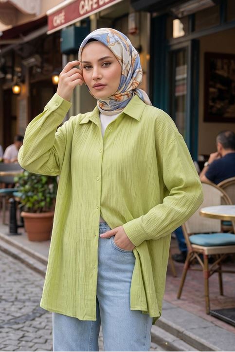 Kadın Yağ Yeşil Çizgili Oversize Gömlek Pamuklu Tesettür Giyim Rahat Kalıp Geniş Kesim Tesettür Tunik Gömlek