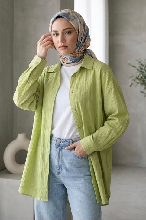 Kadın Yağ Yeşil Çizgili Oversize Gömlek Pamuklu Tesettür Giyim Rahat Kalıp Geniş Kesim Tesettür Tunik Gömlek