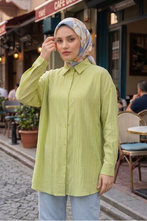 Kadın Yağ Yeşil Çizgili Oversize Gömlek Pamuklu Tesettür Giyim Rahat Kalıp Geniş Kesim Tesettür Tunik Gömlek