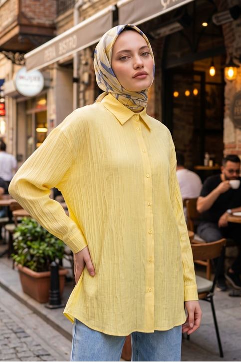 Kadın Sarı Çizgili Oversize Gömlek Pamuklu Tesettür Giyim Rahat Kalıp Geniş Kesim Tesettür Tunik Gömlek