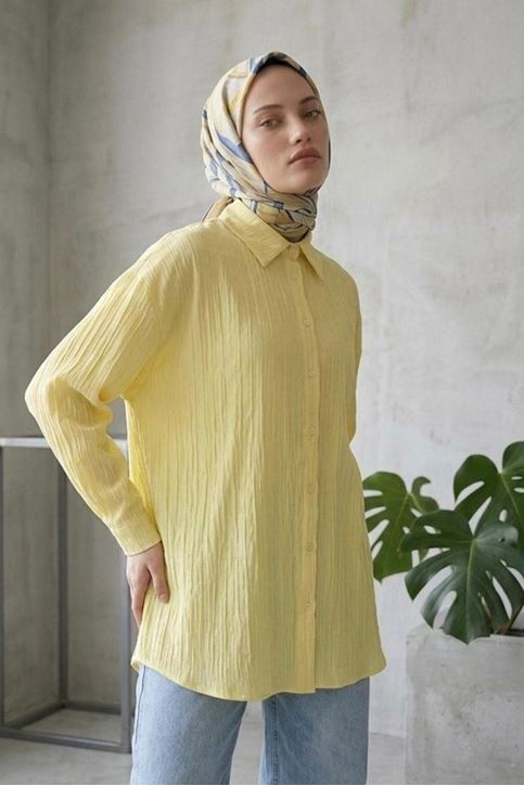 Kadın Sarı Çizgili Oversize Gömlek Pamuklu Tesettür Giyim Rahat Kalıp Geniş Kesim Tesettür Tunik Gömlek