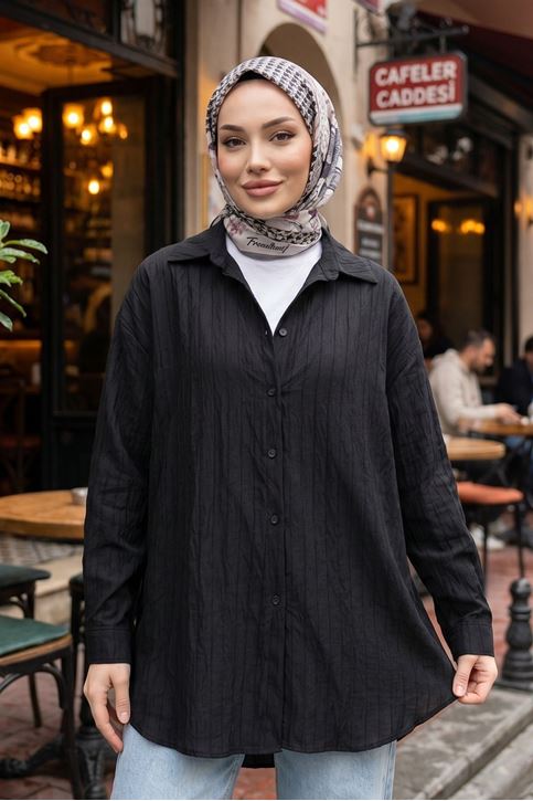 Kadın Siyah Çizgili Oversize Gömlek Pamuklu Tesettür Giyim Rahat Kalıp Geniş Kesim Tesettür Tunik Gömlek