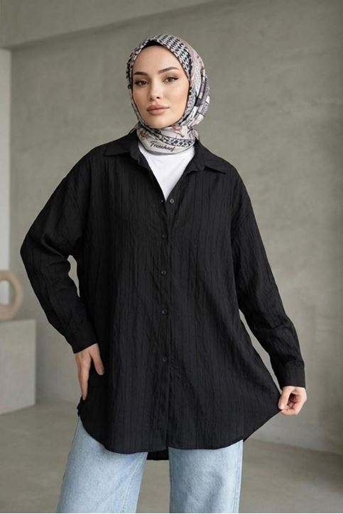 Kadın Siyah Çizgili Oversize Gömlek Pamuklu Tesettür Giyim Rahat Kalıp Geniş Kesim Tesettür Tunik Gömlek