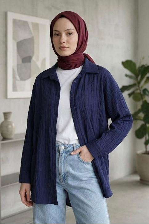 Kadın Lacivert Çizgili Oversize Gömlek Pamuklu Tesettür Giyim Rahat Kalıp Geniş Kesim Tesettür Tunik Gömlek