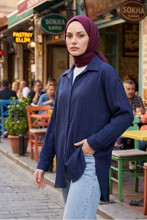 Kadın Lacivert Çizgili Oversize Gömlek Pamuklu Tesettür Giyim Rahat Kalıp Geniş Kesim Tesettür Tunik Gömlek