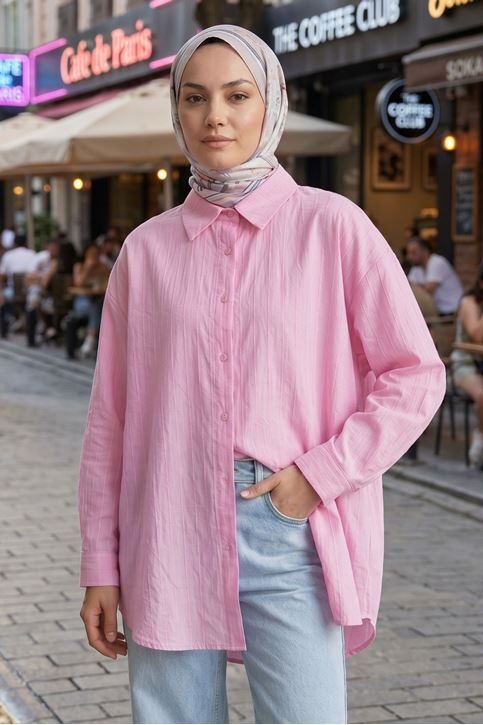 Kadın Pembe Çizgili Oversize Gömlek Pamuklu Tesettür Giyim Rahat Kalıp Geniş Kesim Tesettür Tunik Gömlek