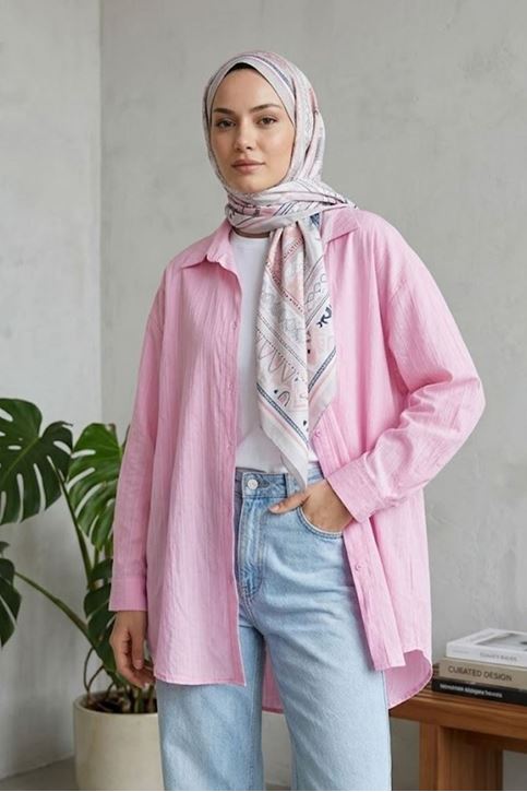 Kadın Pembe Çizgili Oversize Gömlek Pamuklu Tesettür Giyim Rahat Kalıp Geniş Kesim Tesettür Tunik Gömlek
