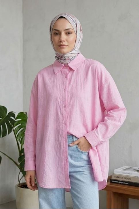 Kadın Pembe Çizgili Oversize Gömlek Pamuklu Tesettür Giyim Rahat Kalıp Geniş Kesim Tesettür Tunik Gömlek