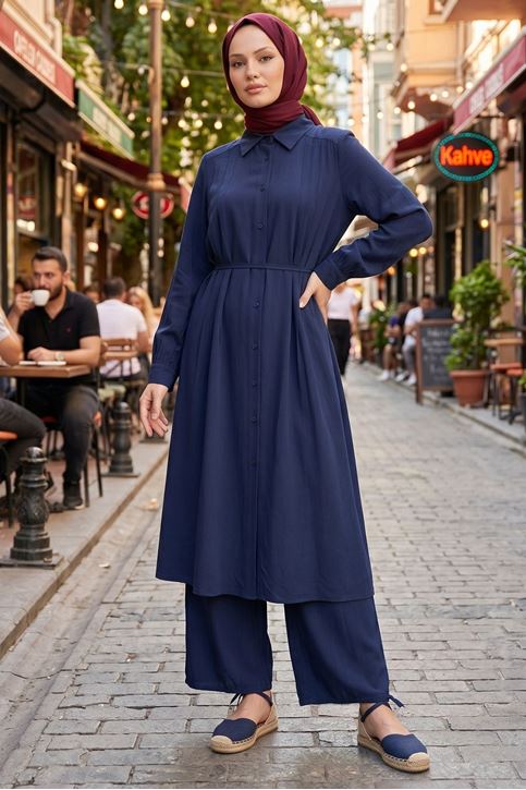 Kadın Gömlek Yaka Düğmeli Pileli 120 CM Uzun Tunik Pantolon Rahat Kalıp İkili Tesettür Takım