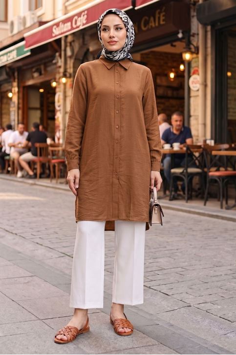 Kadın Gömlek Yaka Düğmeli Yırtmaç Detay  Yazlık Trend Tesettür Uzun Tunik Taba