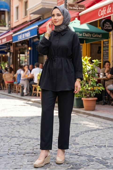 Kadın Rahat Kalıp Çilek Kumaş Gömlek Yaka Boydan Düğmeli Tunik Pantolonlu Takım Kombin Siyah 