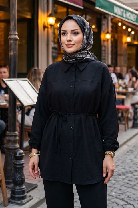 Kadın Rahat Kalıp Çilek Kumaş Gömlek Yaka Boydan Düğmeli Tunik Pantolonlu Takım Kombin Siyah 