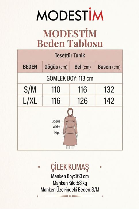 Kadın Tesettür Uzun Tunik Hakim Yaka Boydan Düğmeli Belden Bağlamalı Rahat Kalıp Günlük Şık 113 CM Uzun Tesettür Tunik