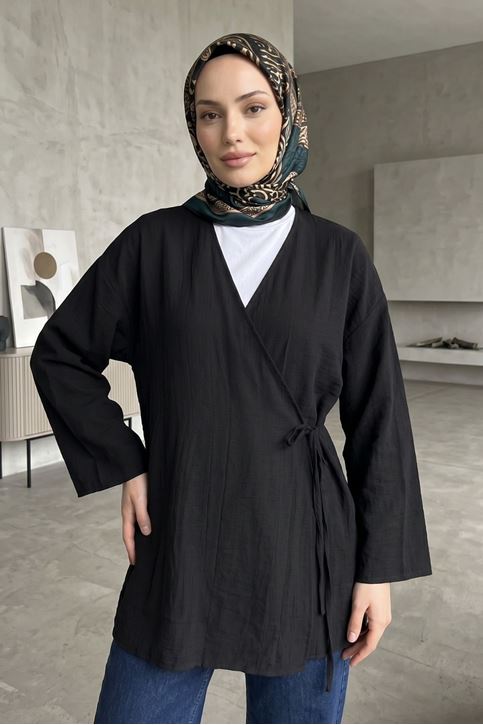 Kadın Kruvaze Yaka Yan Bağlamalı Çilek Kumaş Yazlık Hırka Kimono Tesettür Tunik Siyah Tesettür Giyim
