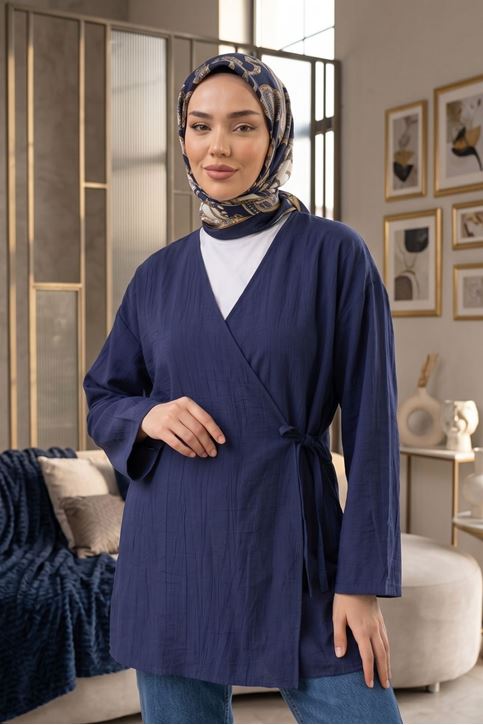 Kadın Kruvaze Yaka Yan Bağlamalı Çilek Kumaş Yazlık Hırka Kimono Tesettür Tunik Lacivert Tesettür Giyim