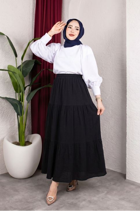 Kadın Siyah Kat Kat Müslin Kumaş Yazlık Beli Lastikli Tesettür Etek