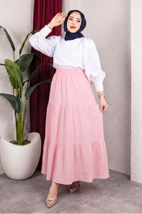 Kadın Pembe Kat Kat Müslin Kumaş Yazlık Beli Lastikli Tesettür Etek