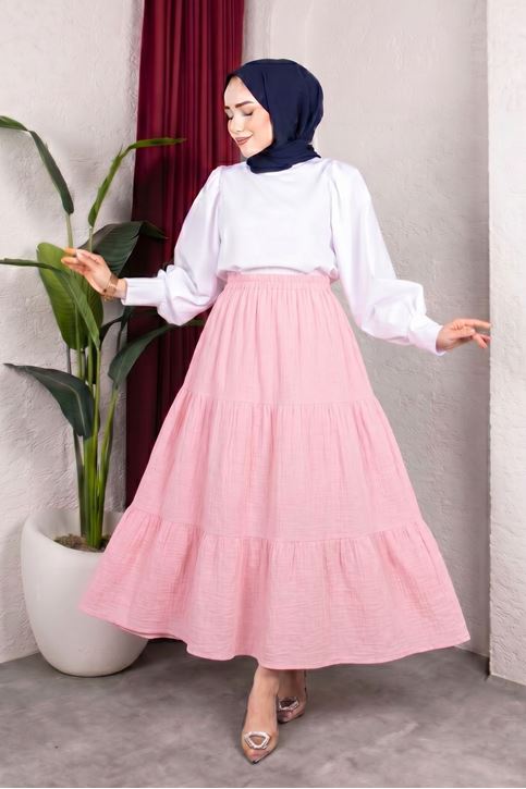Kadın Pembe Kat Kat Müslin Kumaş Yazlık Beli Lastikli Tesettür Etek