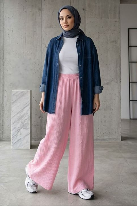 Kadın Beli Lastikli Muslin Kumaş Bol Paça Kadın Pembe Pantolon 